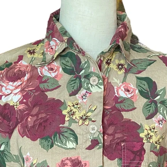 Krazy Kay Long Sleeve Blouse Tan Pink Wine Floral - Picture 3 of 6